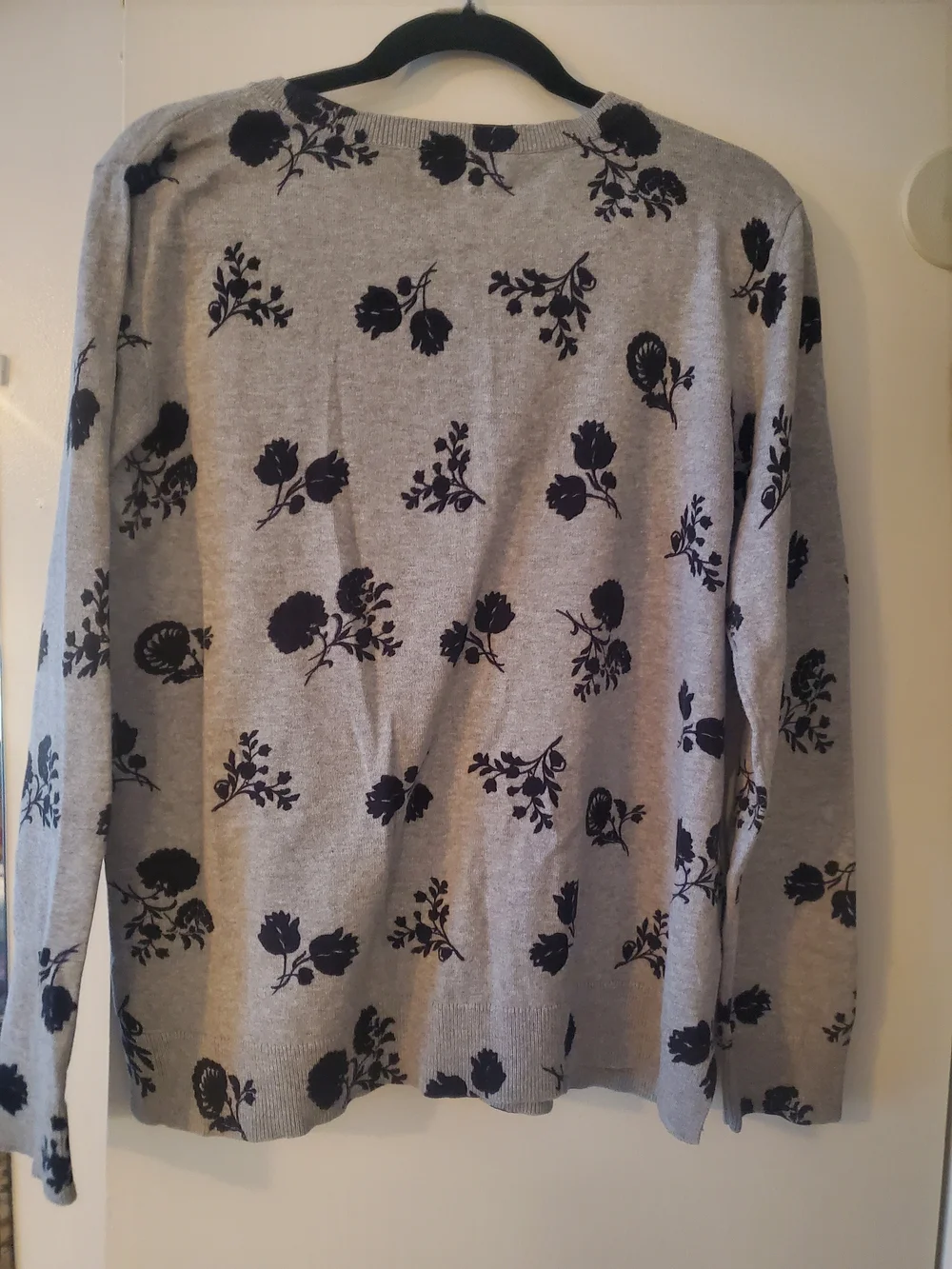 LOFT Gray Crewneck Sweater with Black Floral Print